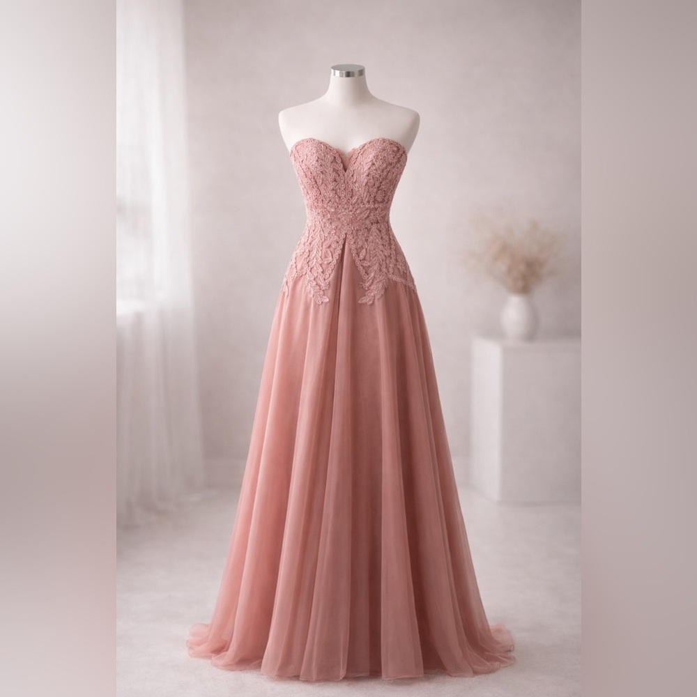Blondie Nites Dusty Rose Strapless Lace Tulle Gown – Size 7